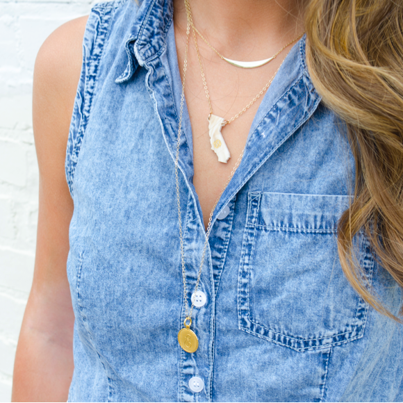 Moon and Lola Monogrammed State Necklace layered with a Long Metal Dalton Necklace
