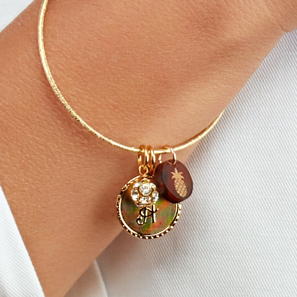 Moon and Lola - Nora Bangle with Dalton Initial Charm Rhinestone Ball Charm and Acrylic PIneapple Charm