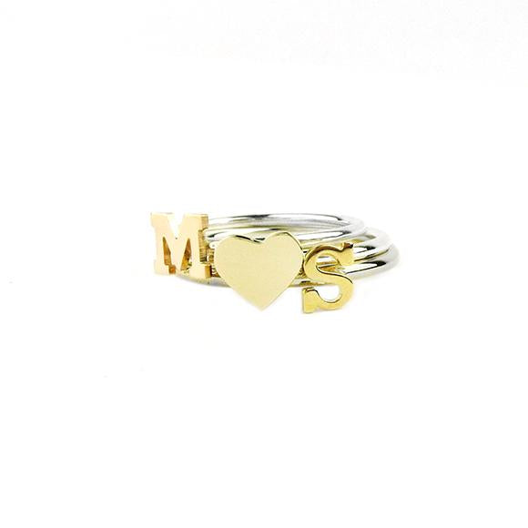 Moon and Lola - Victoria Ring stacked with single initials and heart symbol